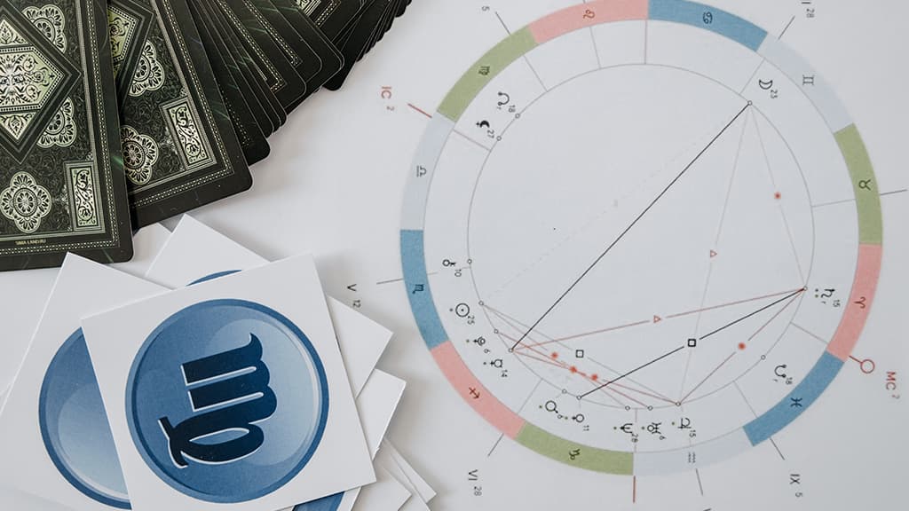 top view of a planet chart with astrology symbols