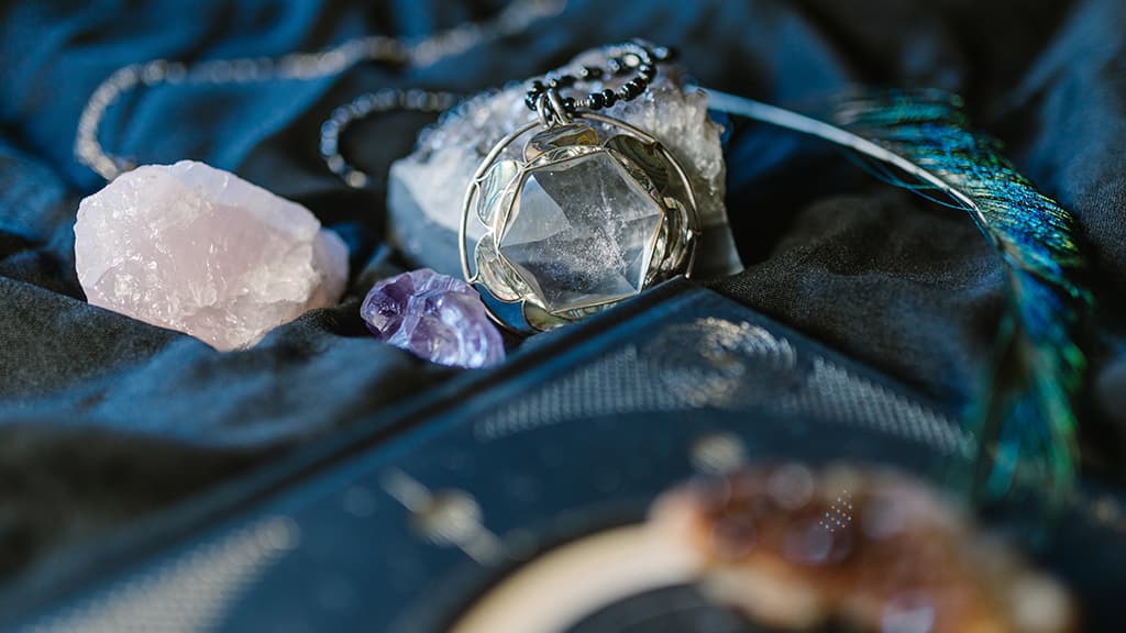 close up of crystals on a blue mat