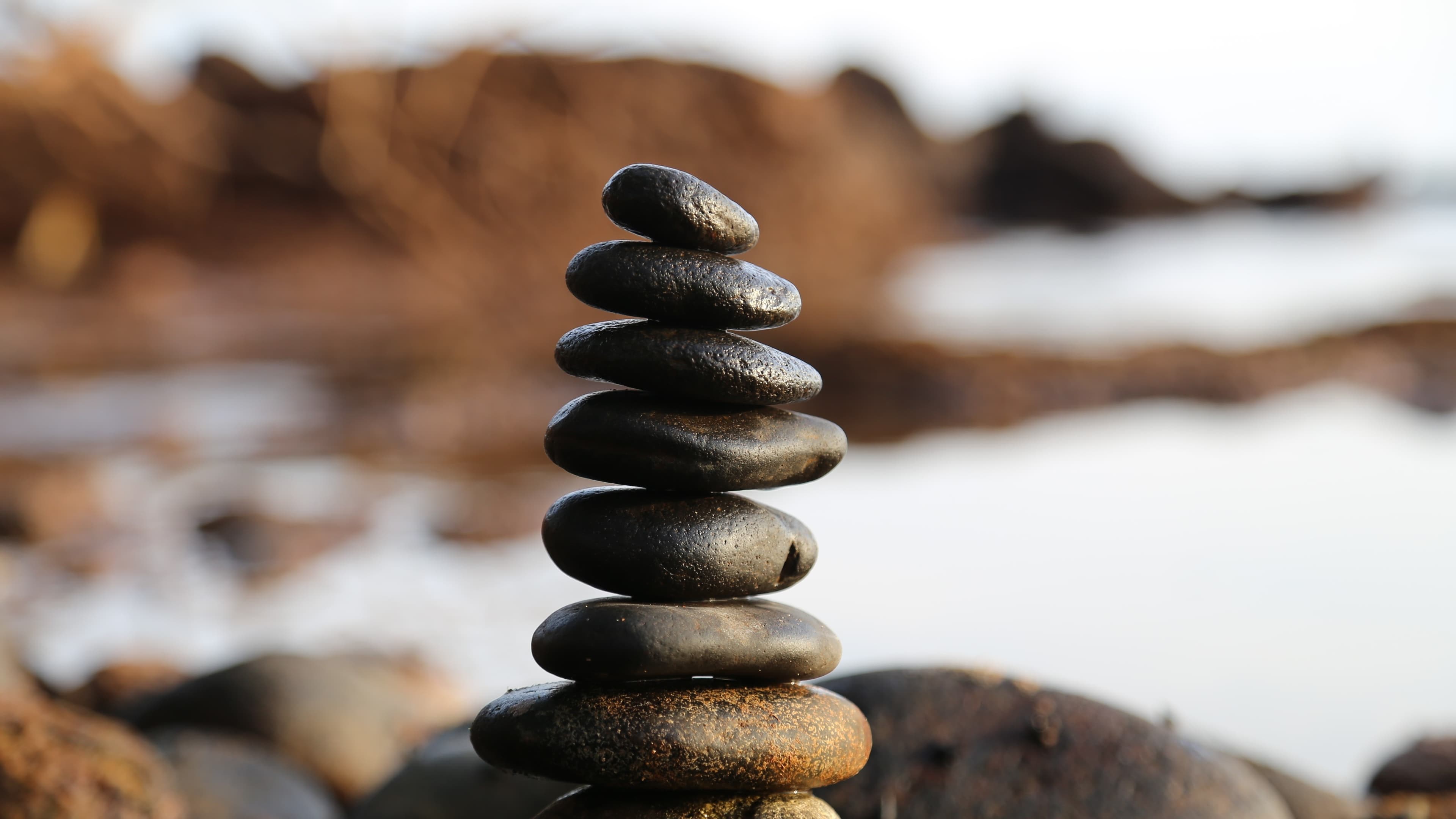 smooth rocks stacked vertically against a beach backdrop